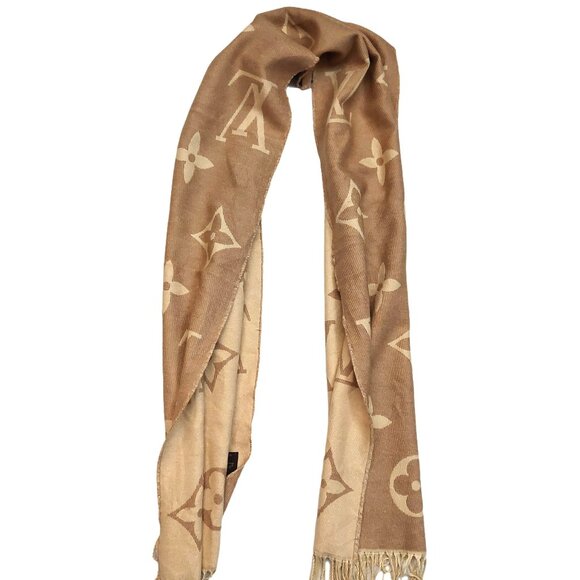 LOUIS VUITTON Vintage Light Brown & Tan Reversible Scarf Shawl Wrap - Picture 1 of 12
